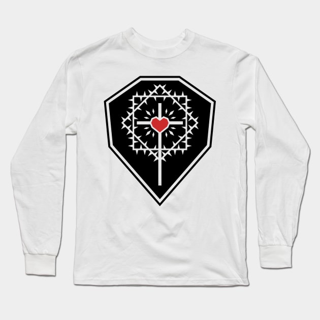 The cross of Jesus Christ with a heart framed by a crown of thorns against the background of a shield. Long Sleeve T-Shirt by Reformer